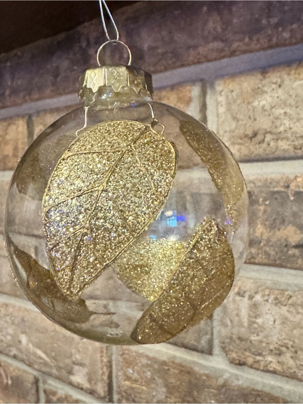 Glitter Gold Leaf Glass Ornament - Holiday Hanging Bauble